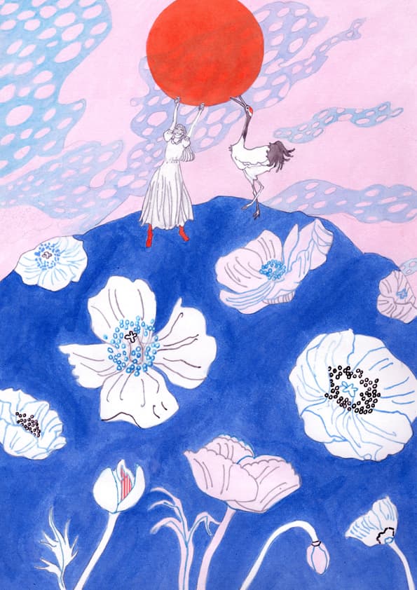 淡いピンクの空の下、青い花咲く丘の上で女性と鶴が赤い太陽をかかげるイラスト